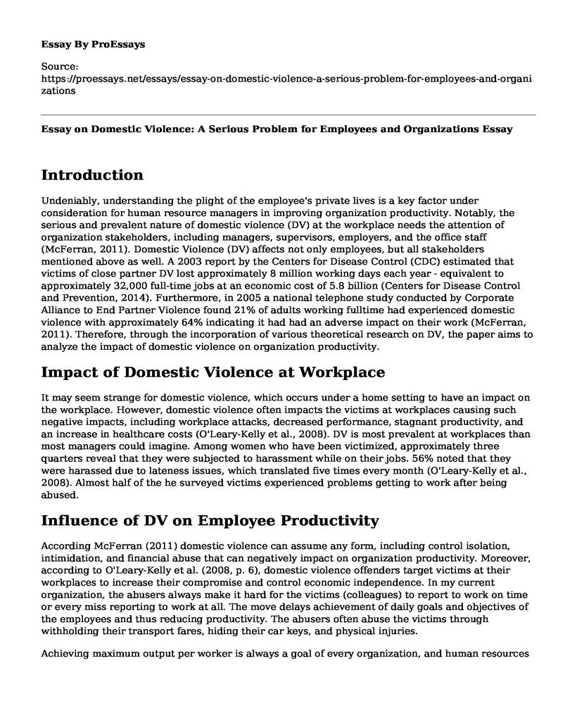 Essay on Domestic Violence: A Serious Problem for Employees and Organizations