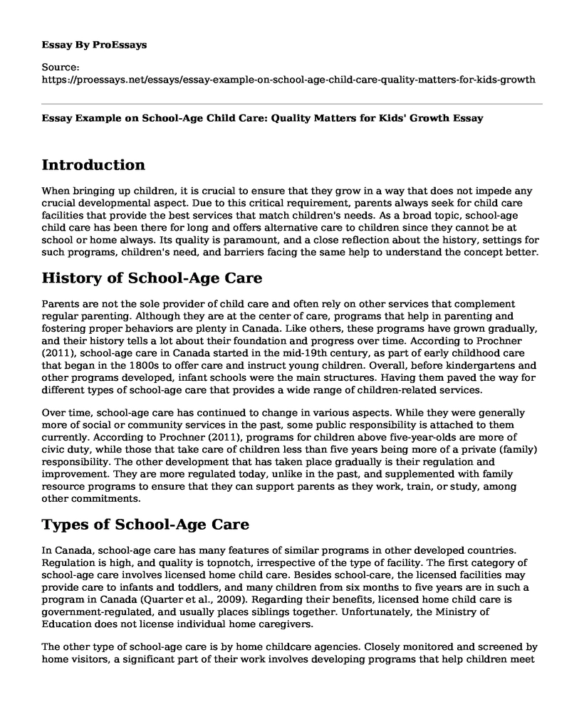 Essay Example on School-Age Child Care: Quality Matters for Kids' Growth
