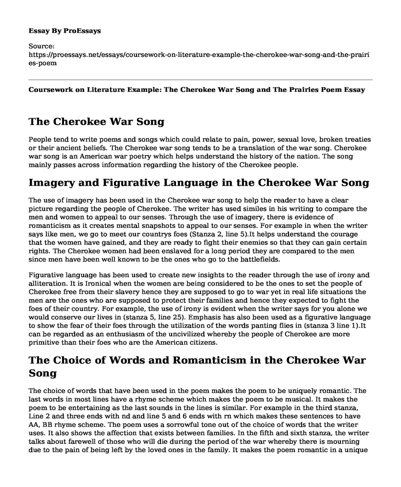 Coursework on Literature Example: The Cherokee War Song and The Prairies Poem