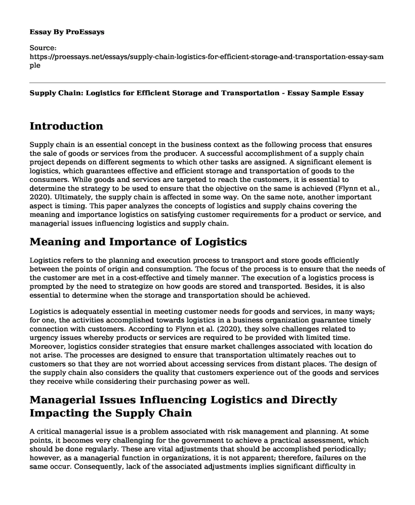 Supply Chain: Logistics for Efficient Storage and Transportation - Essay Sample