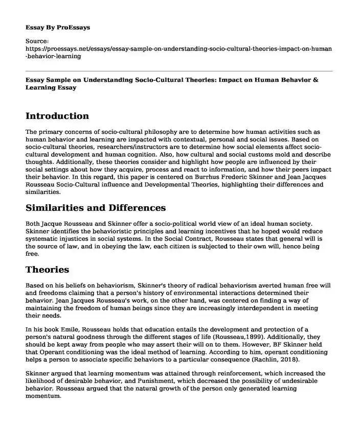 Essay Sample on Understanding Socio-Cultural Theories: Impact on Human Behavior & Learning