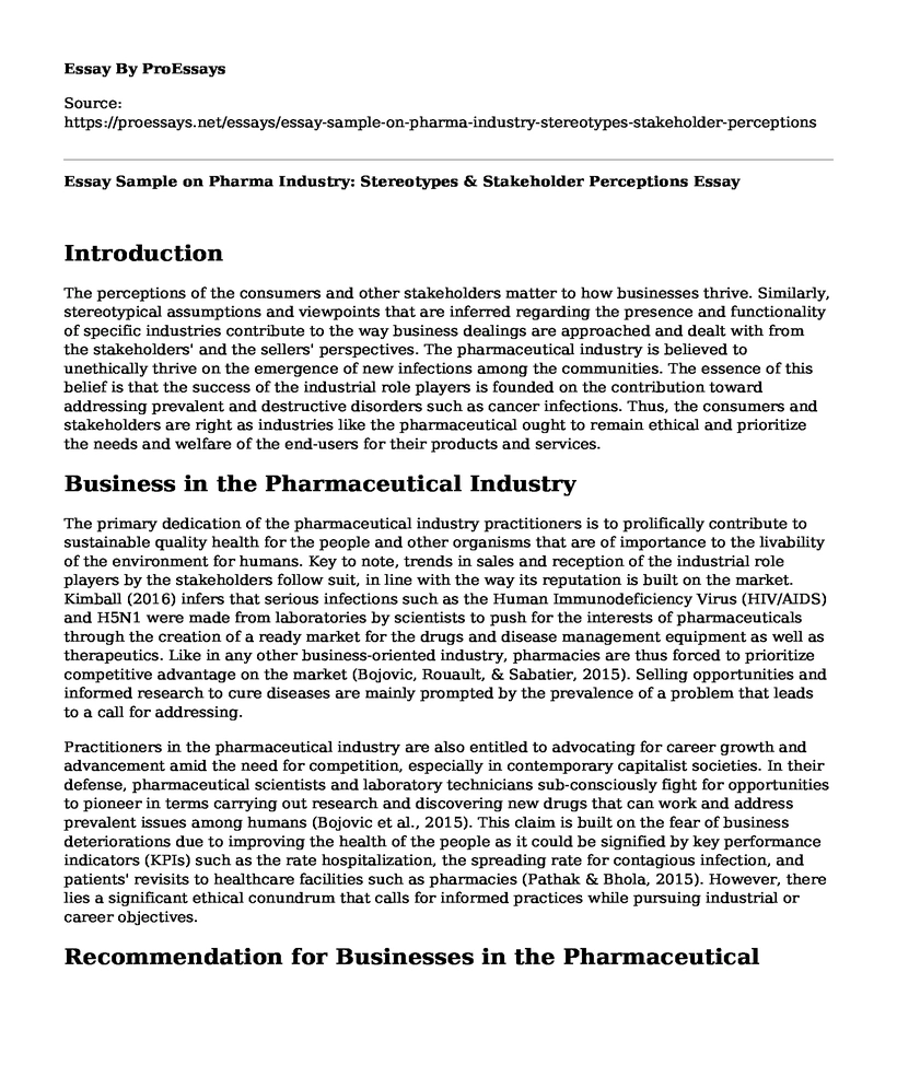 Essay Sample on Pharma Industry: Stereotypes & Stakeholder Perceptions