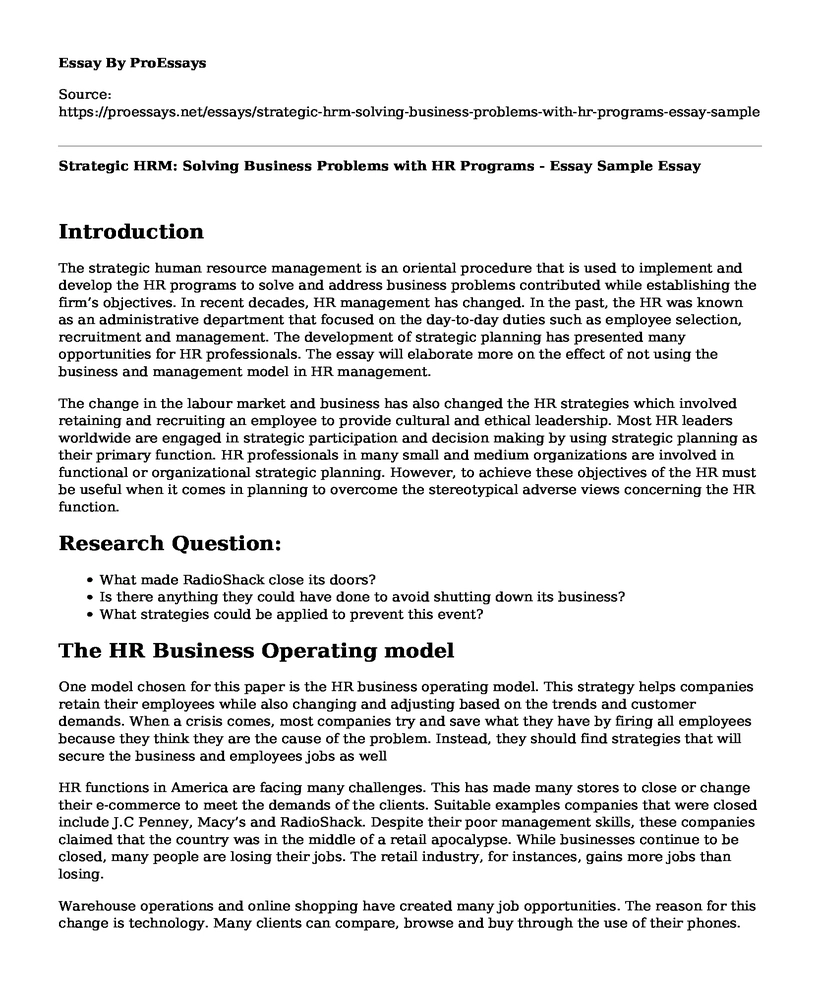 Strategic HRM: Solving Business Problems with HR Programs - Essay Sample