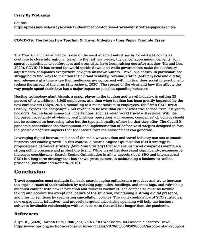 COVID-19: The Impact on Tourism & Travel Industry - Free Paper Example