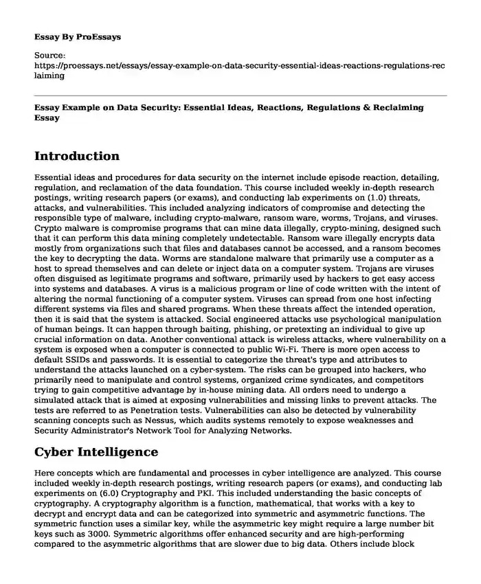 Essay Example on Data Security: Essential Ideas, Reactions, Regulations & Reclaiming