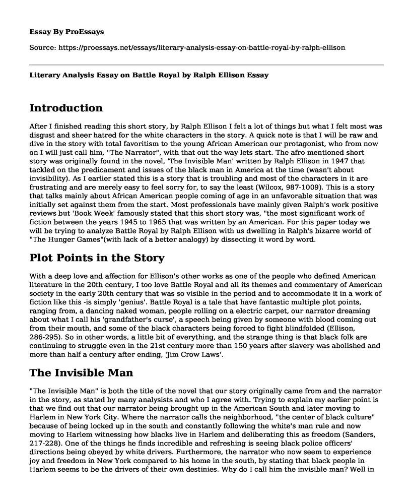 Literary Analysis Essay on Battle Royal by Ralph Ellison