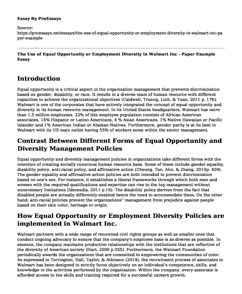 The Use of Equal Opportunity or Employment Diversity in Walmart Inc - Paper Example