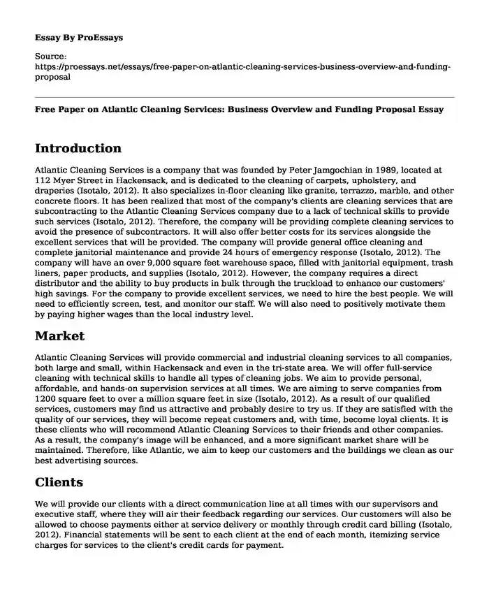 Free Paper on Atlantic Cleaning Services: Business Overview and Funding Proposal