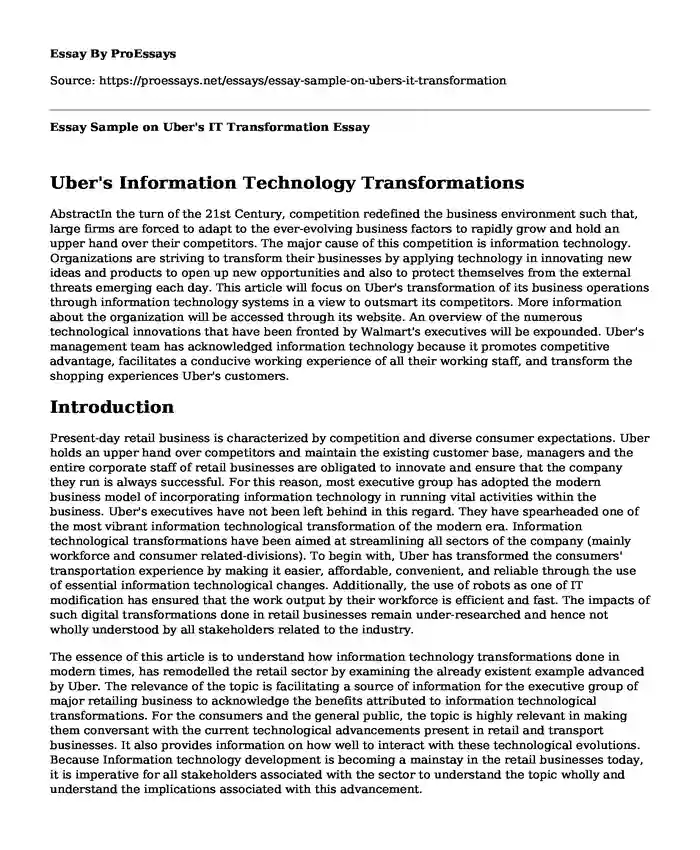 Essay Sample on Uber's IT Transformation