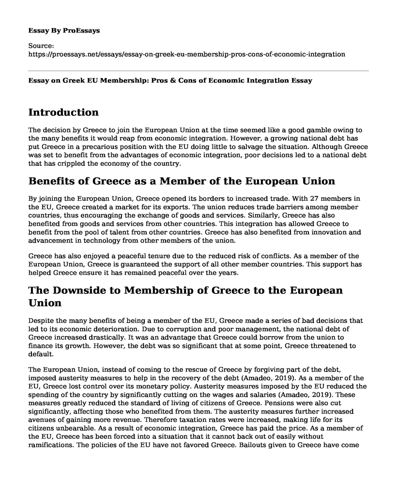 Essay on Greek EU Membership: Pros & Cons of Economic Integration