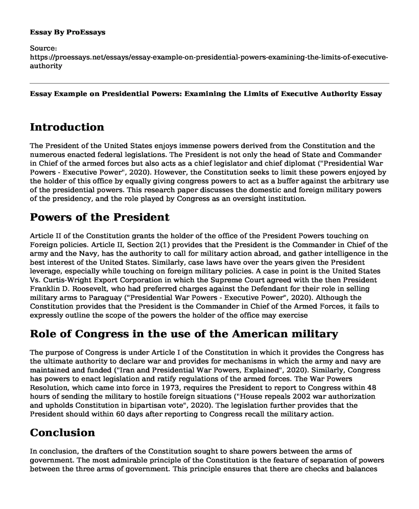 Essay Example on Presidential Powers: Examining the Limits of Executive Authority
