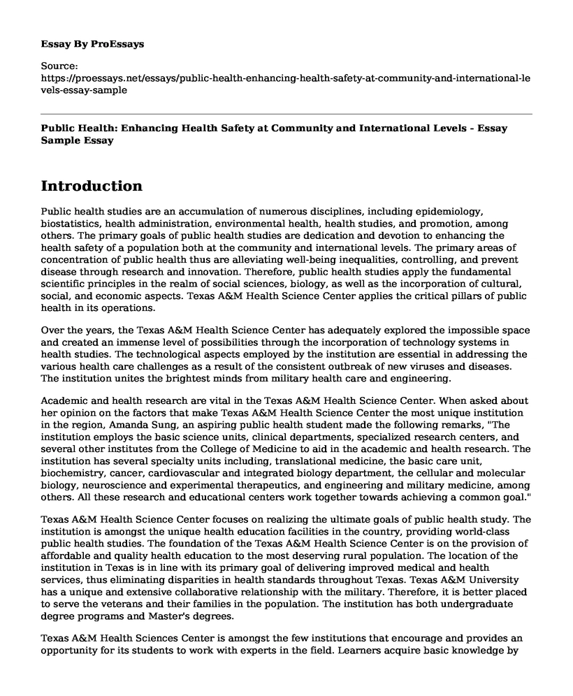 Public Health: Enhancing Health Safety at Community and International Levels - Essay Sample