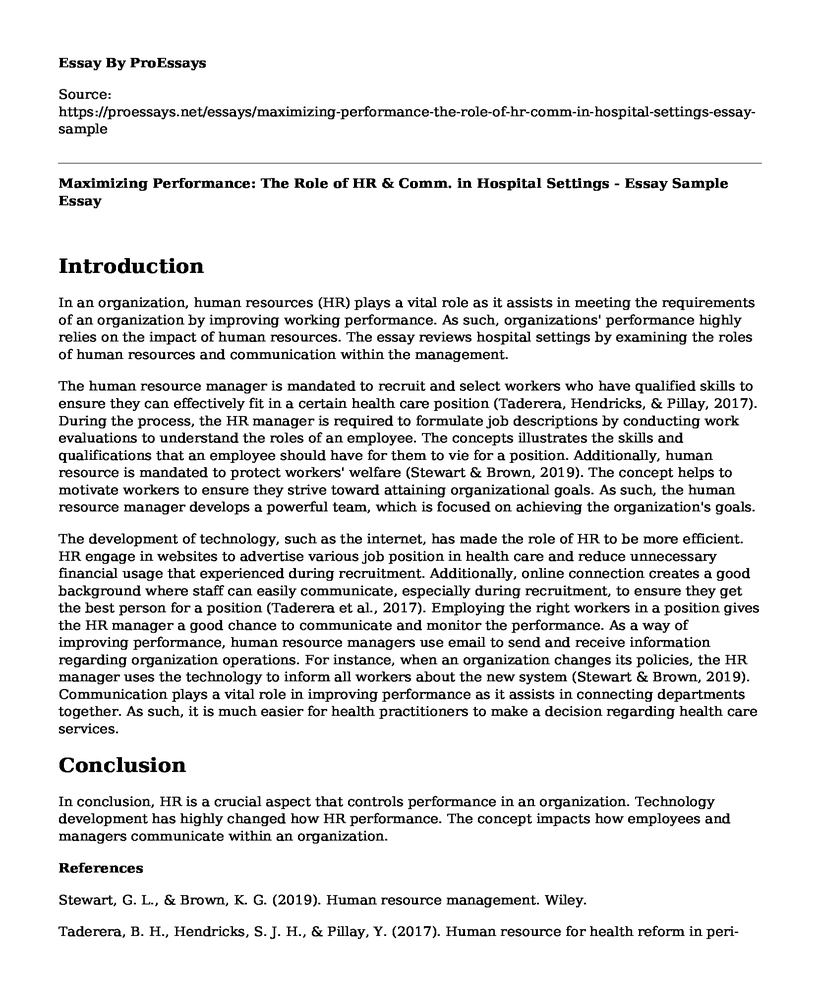 Maximizing Performance: The Role of HR & Comm. in Hospital Settings - Essay Sample