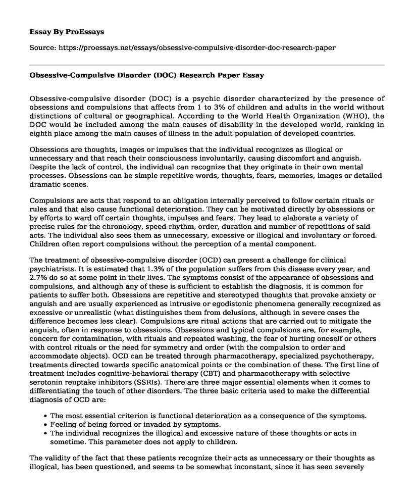 Obsessive-Compulsive Disorder (DOC) Research Paper