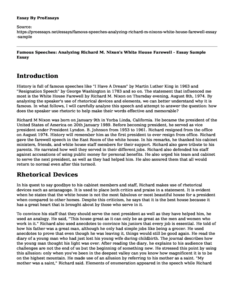 Famous Speeches: Analyzing Richard M. Nixon's White House Farewell - Essay Sample