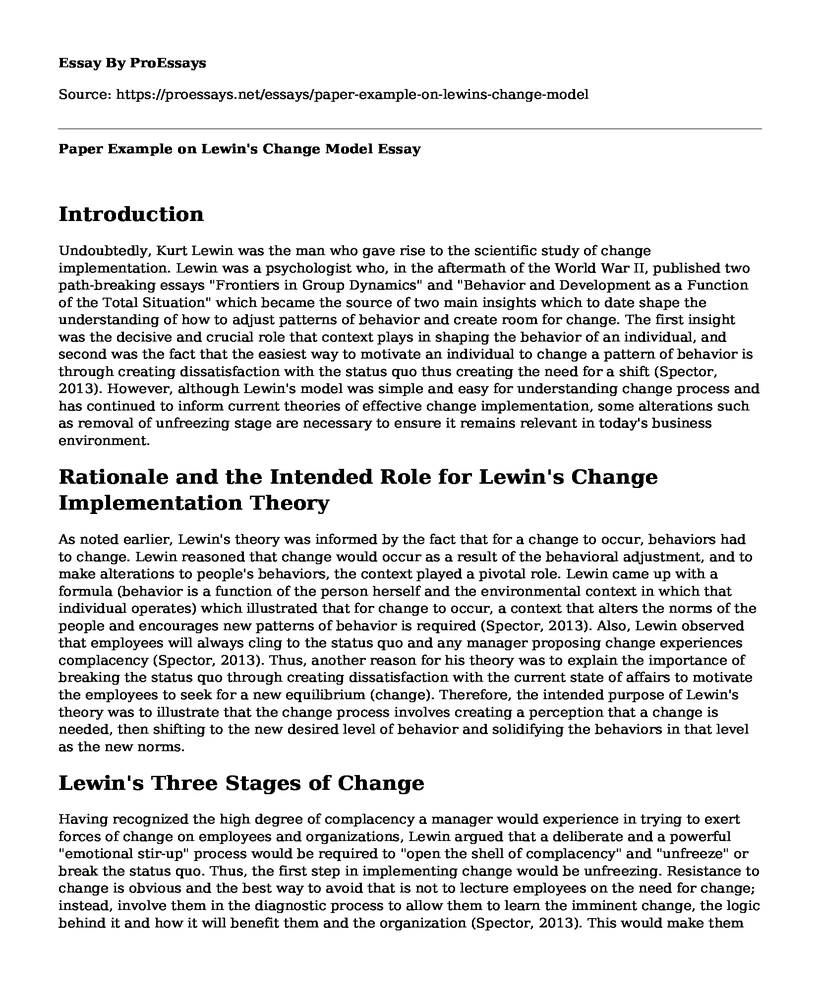 Paper Example on Lewin's Change Model