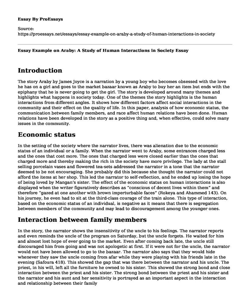 Essay Example on Araby: A Study of Human Interactions in Society