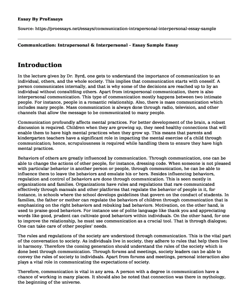 Communication: Intrapersonal & Interpersonal - Essay Sample