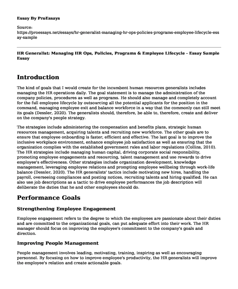 HR Generalist: Managing HR Ops, Policies, Programs & Employee Lifecycle - Essay Sample