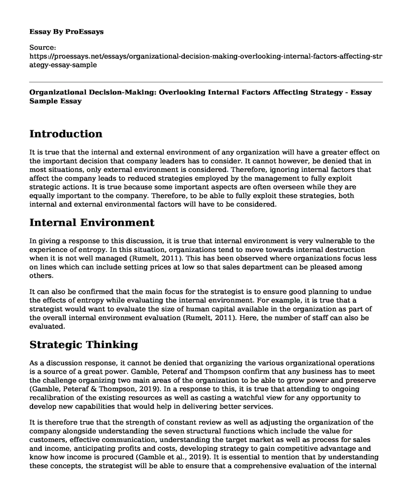 Organizational Decision-Making: Overlooking Internal Factors Affecting Strategy - Essay Sample