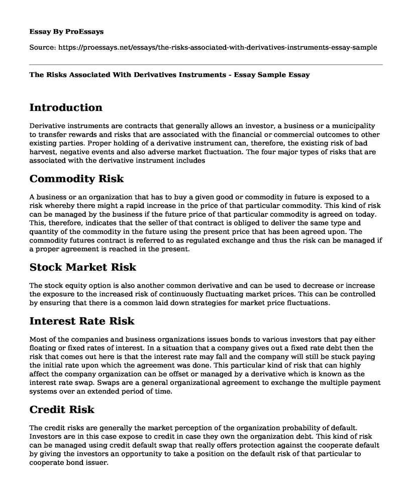 The Risks Associated With Derivatives Instruments - Essay Sample