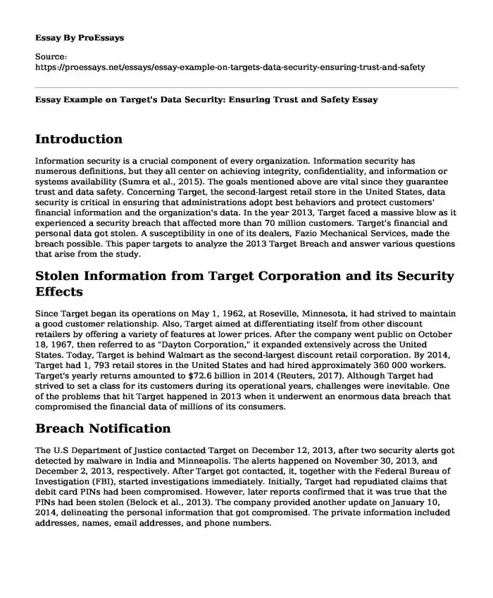Essay Example on Target's Data Security: Ensuring Trust and Safety