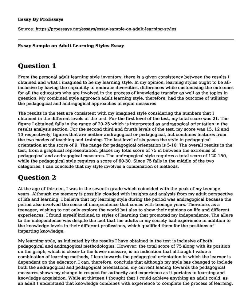 Essay Sample on Adult Learning Styles