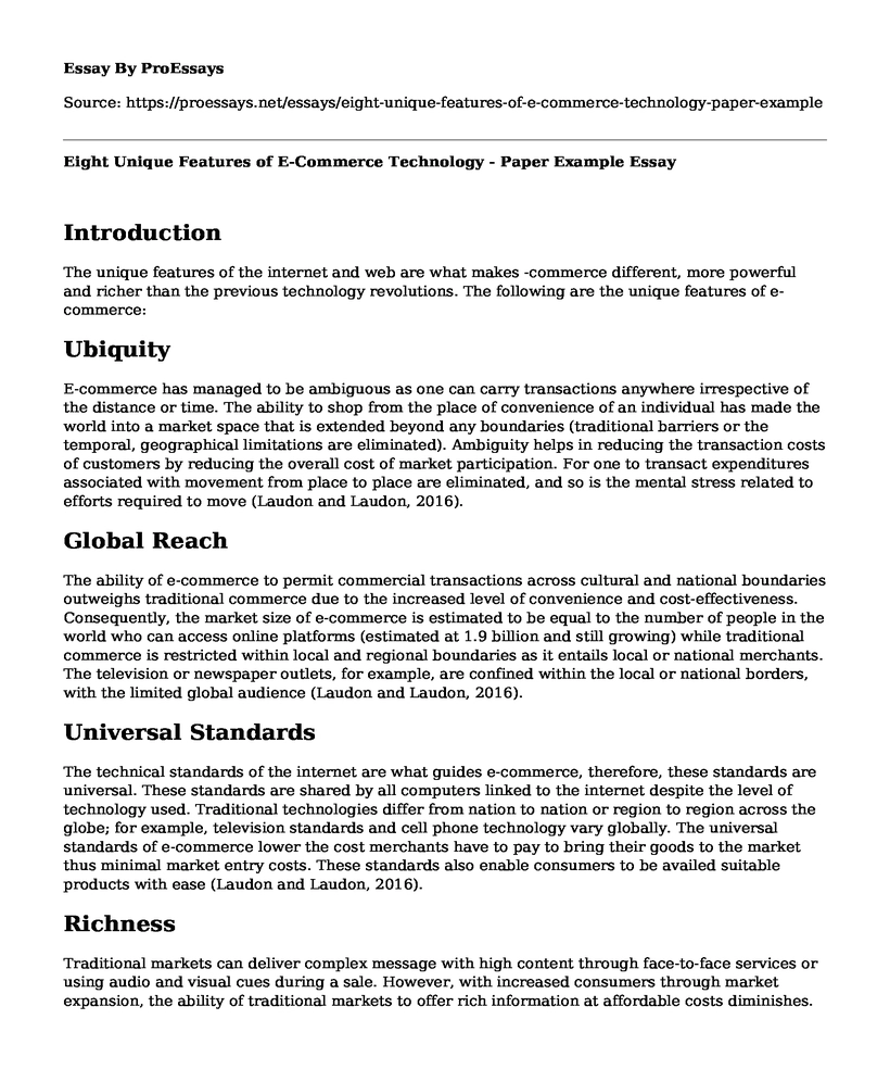 Eight Unique Features of E-Commerce Technology - Paper Example