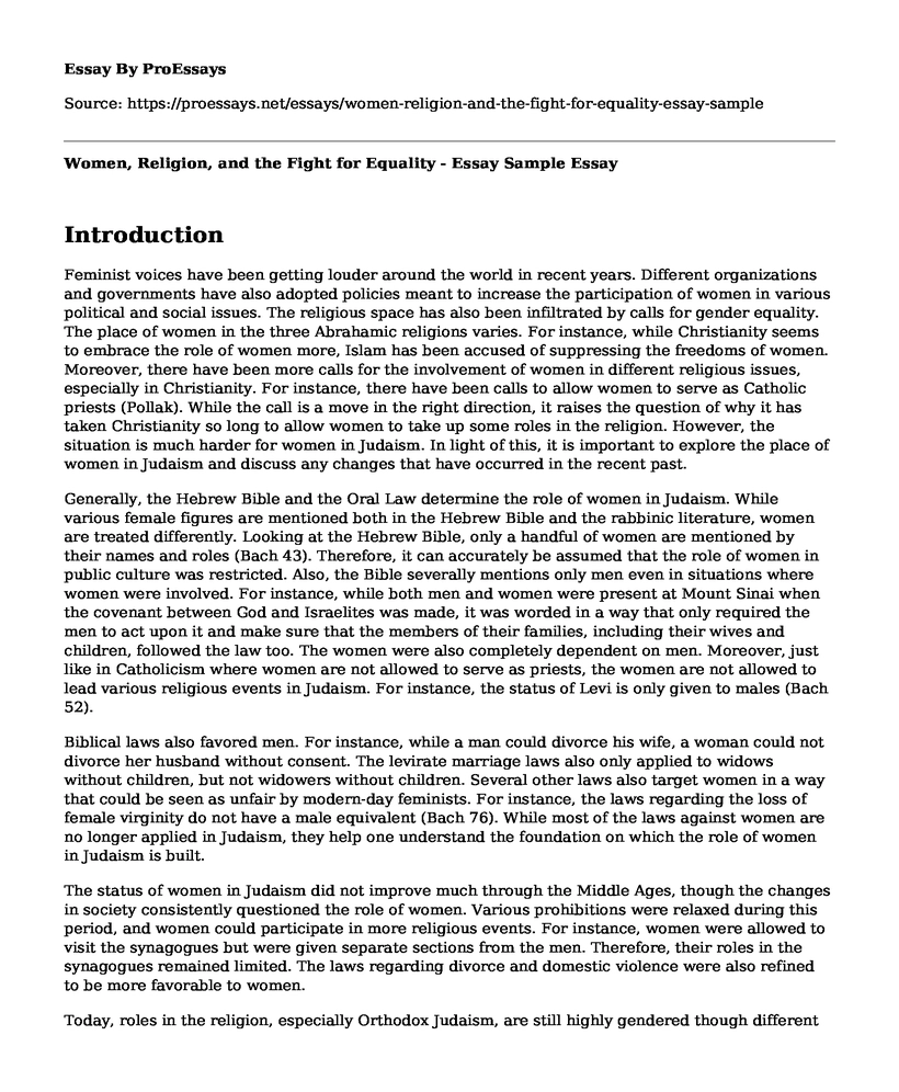 Women, Religion, and the Fight for Equality - Essay Sample