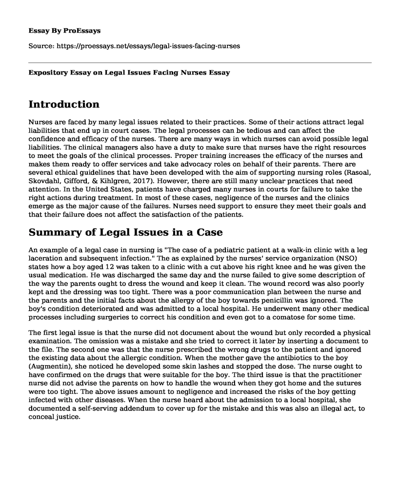 Expository Essay on Legal Issues Facing Nurses