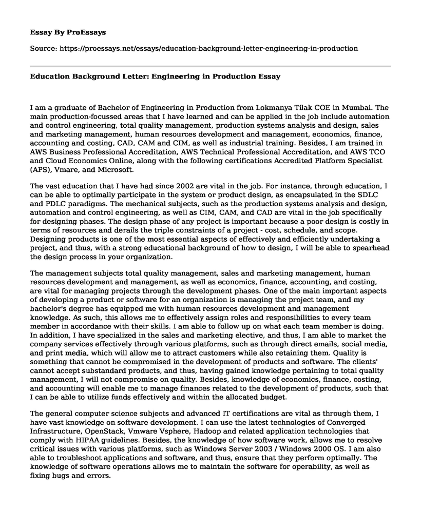 Education Background Letter: Engineering in Production