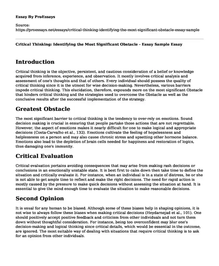 Critical Thinking: Identifying the Most Significant Obstacle - Essay Sample