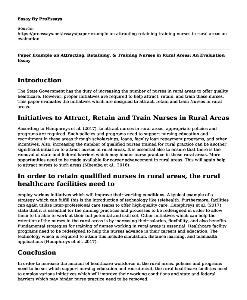 Paper Example on Attracting, Retaining, & Training Nurses in Rural Areas: An Evaluation