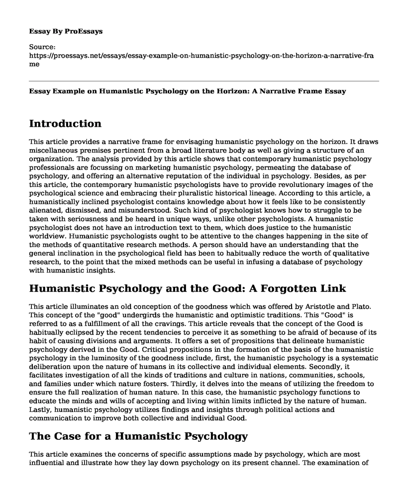 Essay Example on Humanistic Psychology on the Horizon: A Narrative Frame