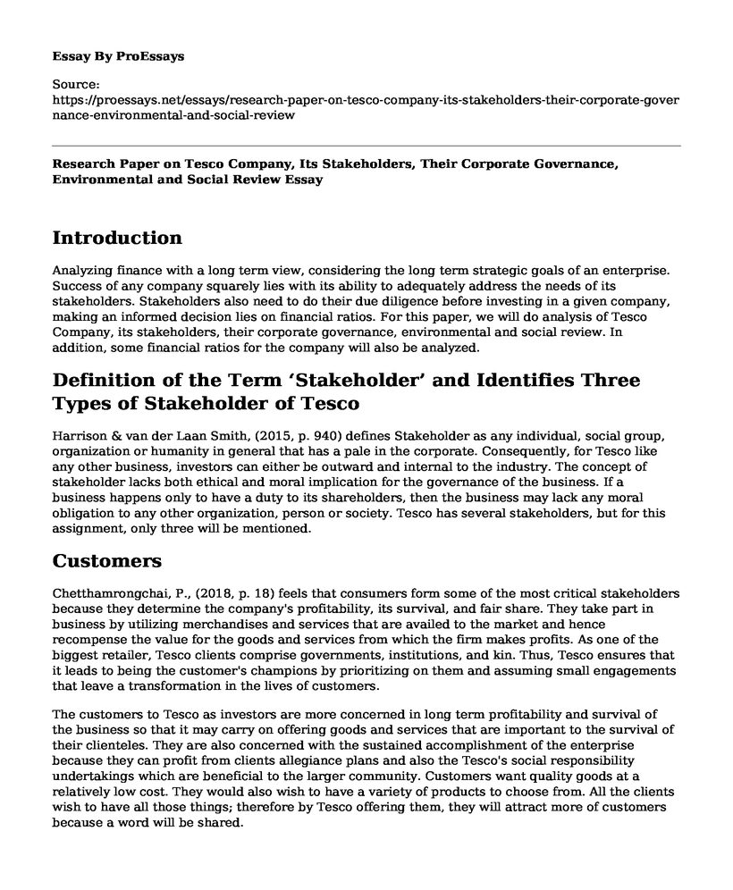 Research Paper on Tesco Company, Its Stakeholders, Their Corporate Governance, Environmental and Social Review
