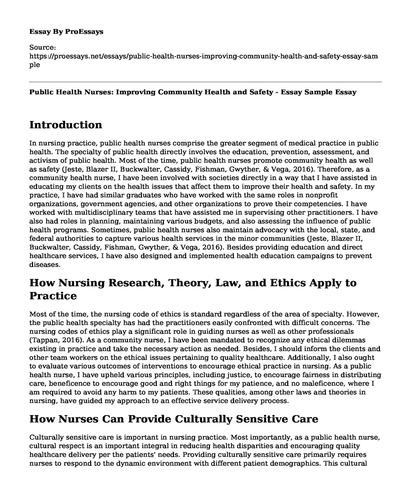 Public Health Nurses: Improving Community Health and Safety - Essay Sample