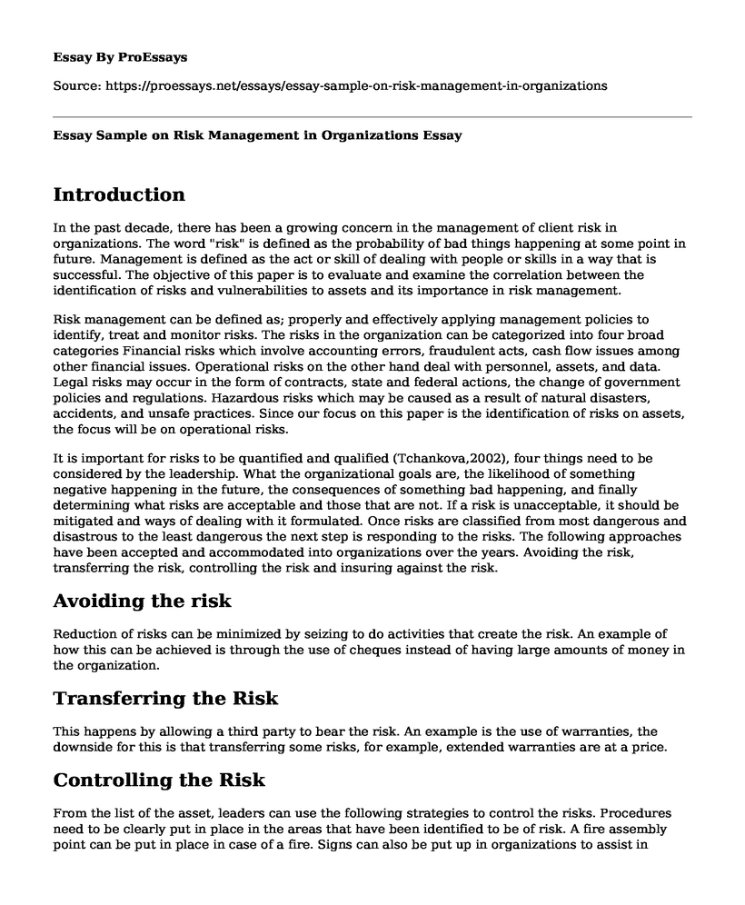 Essay Sample on Risk Management in Organizations