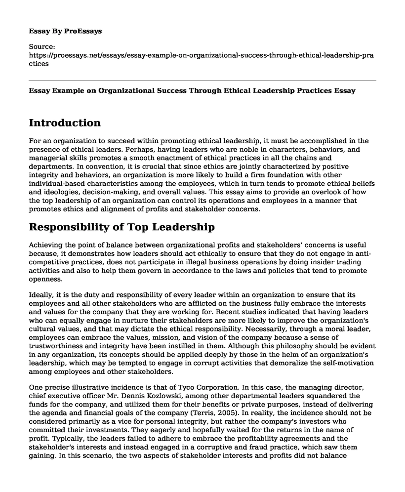 Essay Example on Organizational Success Through Ethical Leadership Practices