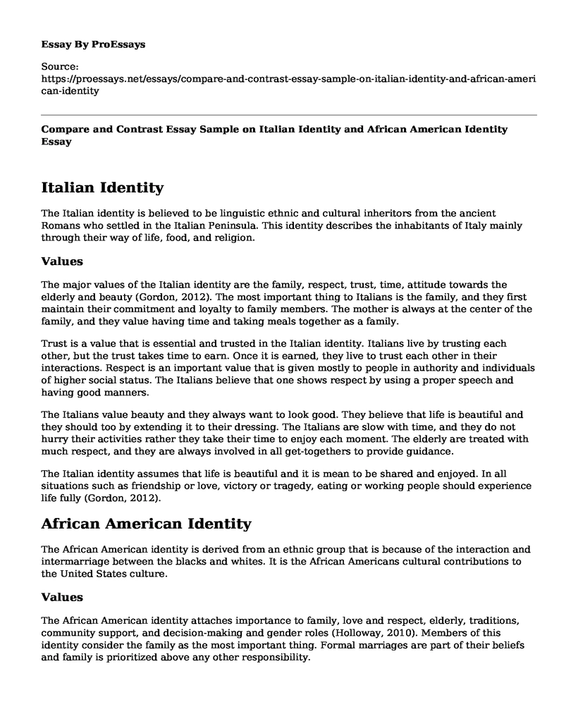 Compare and Contrast Essay Sample on Italian Identity and African American Identity