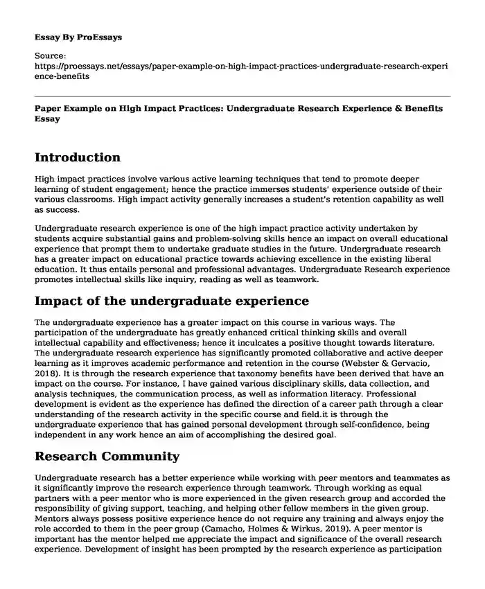 Paper Example on High Impact Practices: Undergraduate Research Experience & Benefits