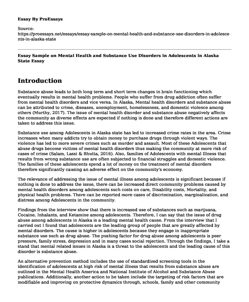 Essay Sample on Mental Health and Substance Use Disorders in Adolescents in Alaska State