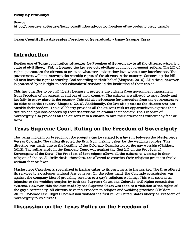 Texas Constitution Advocates Freedom of Sovereignty - Essay Sample