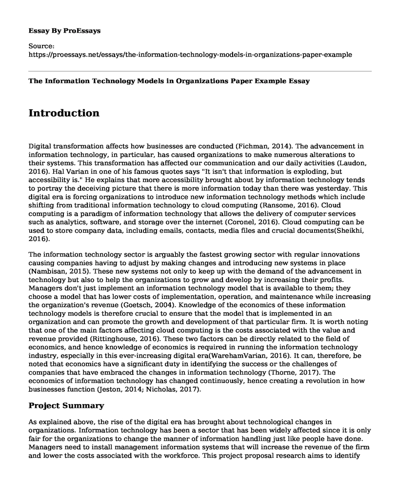 The Information Technology Models in Organizations Paper Example