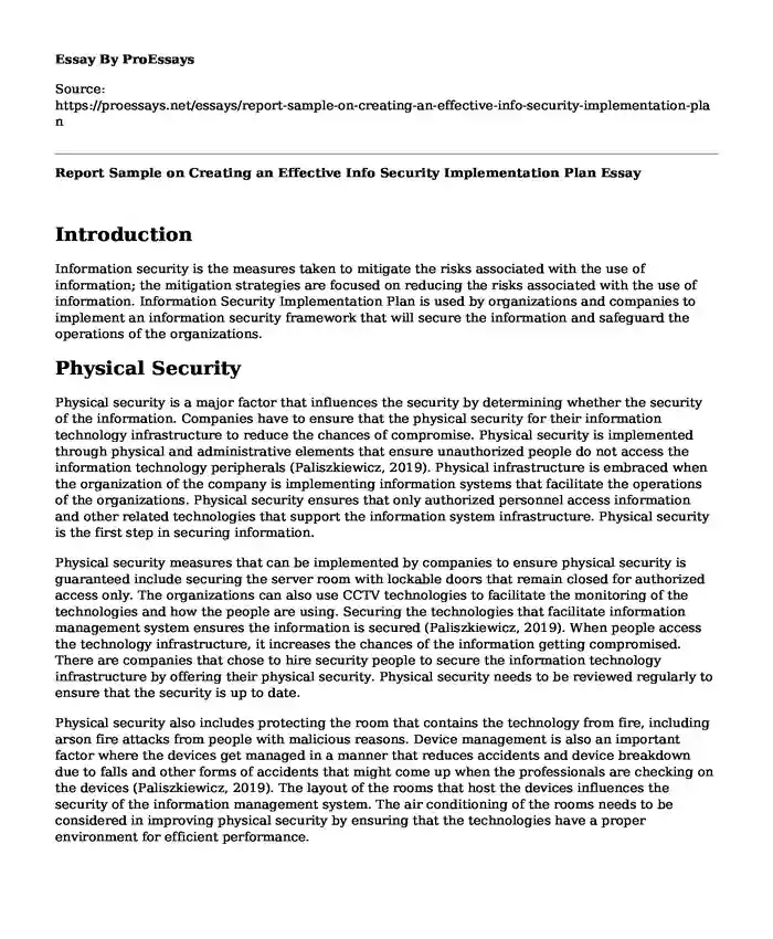 Report Sample on Creating an Effective Info Security Implementation Plan
