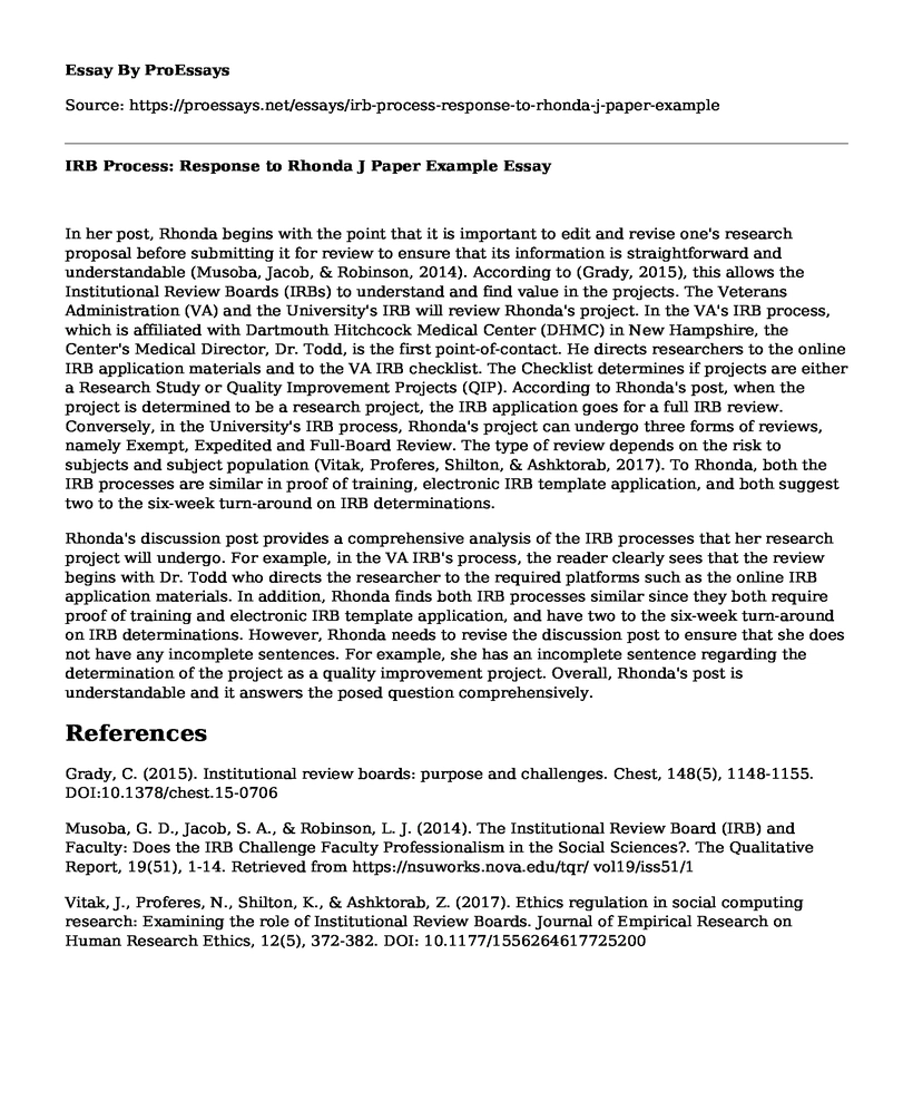 IRB Process: Response to Rhonda J Paper Example