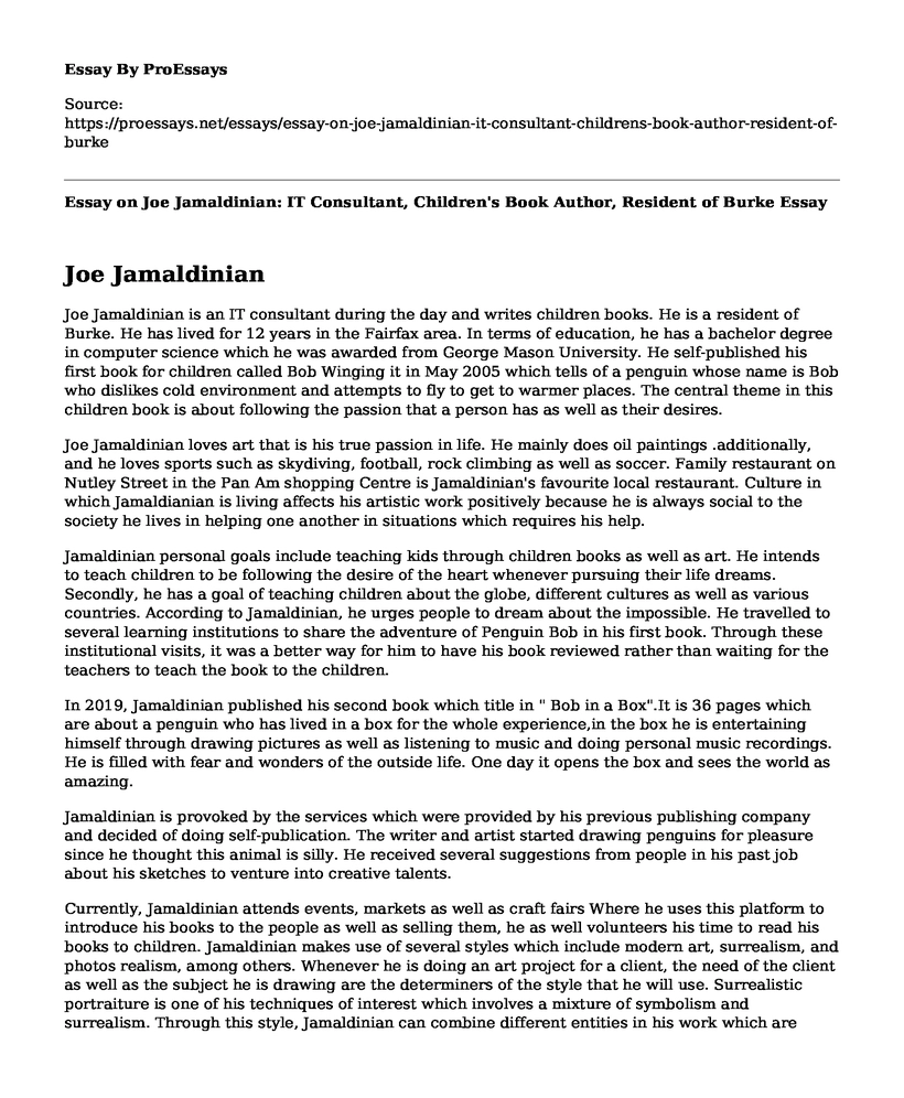 Essay on Joe Jamaldinian: IT Consultant, Children's Book Author, Resident of Burke