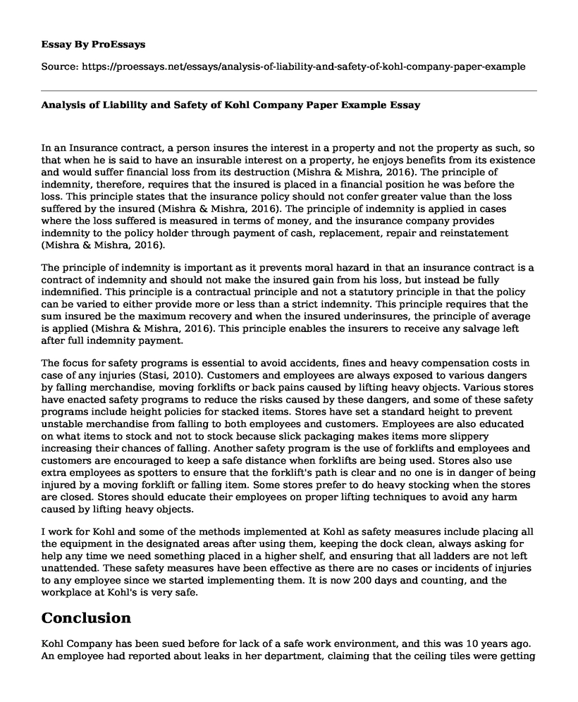 Analysis of Liability and Safety of Kohl Company Paper Example