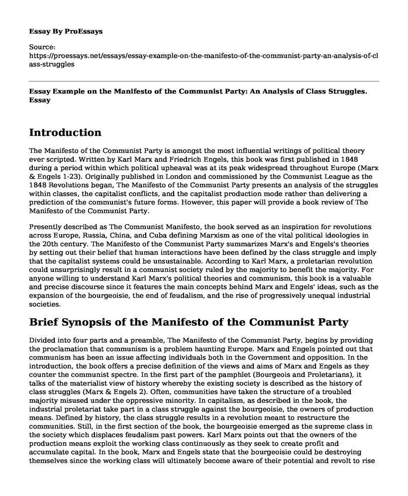 Essay Example on the Manifesto of the Communist Party: An Analysis of Class Struggles.