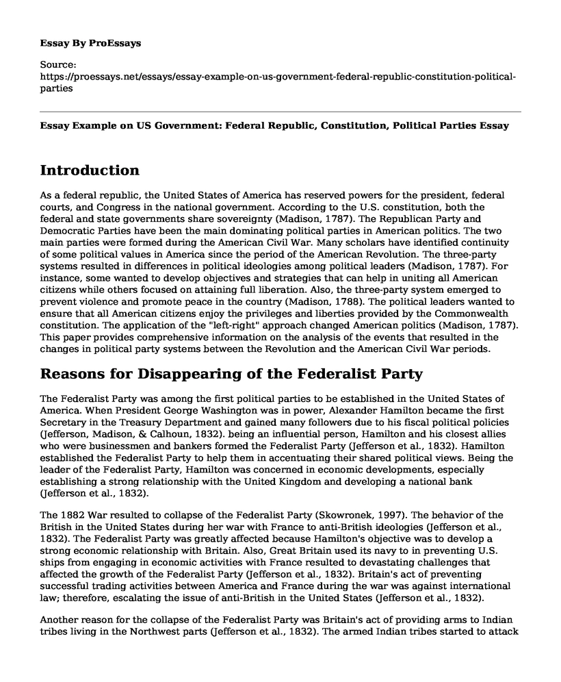 Essay Example on US Government: Federal Republic, Constitution, Political Parties