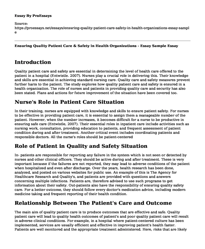 Ensuring Quality Patient Care & Safety in Health Organizations - Essay Sample